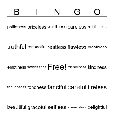 Suffixes Ness, Ful, & Less Bingo Card