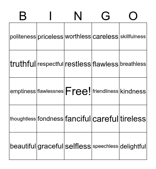 Suffixes Ness, Ful, & Less Bingo Card