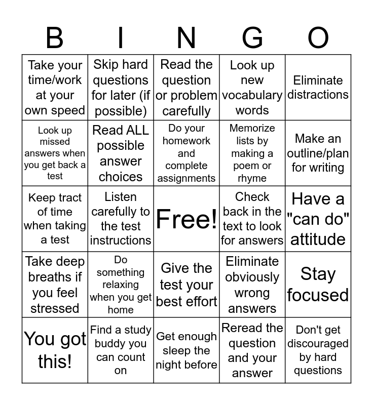 Test Taking Strategies Bingo Card