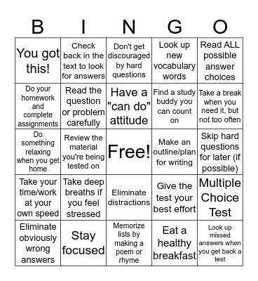 Test Taking Strategies Bingo Card