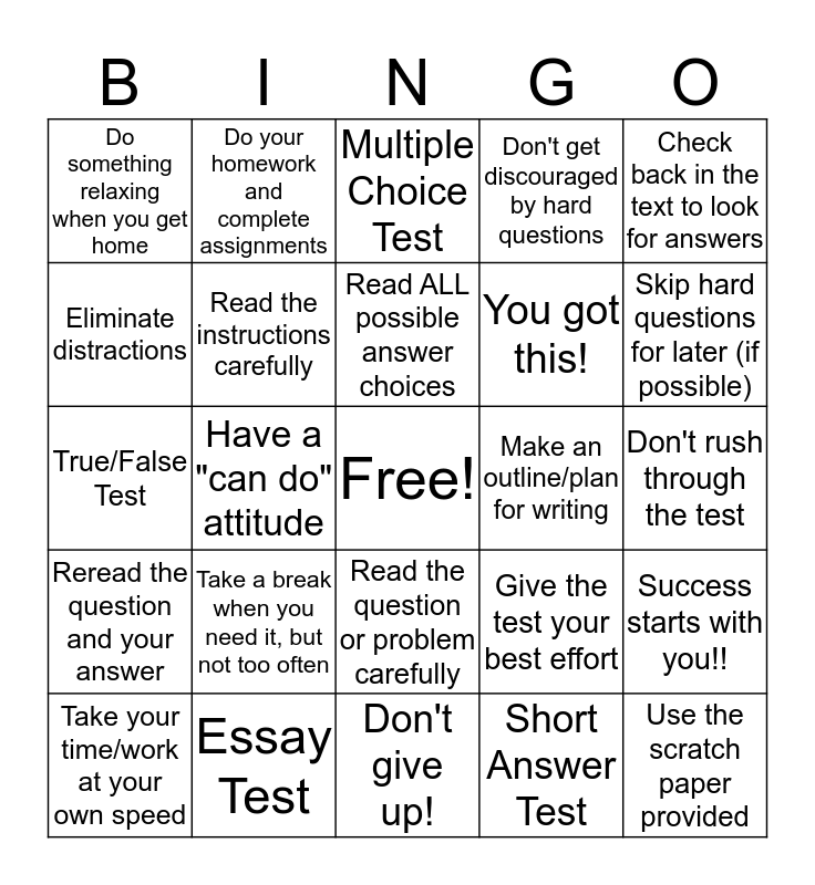 Test Taking Strategies Bingo Card