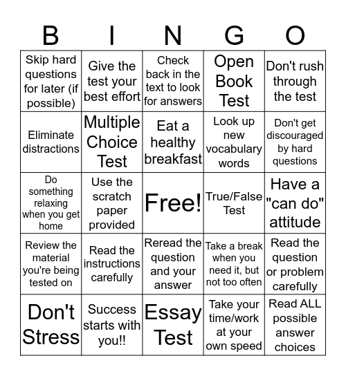 Test Taking Strategies Bingo Card