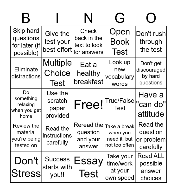 Test Taking Strategies Bingo Card