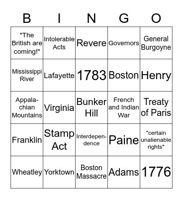 Revolutionary Bingo Card