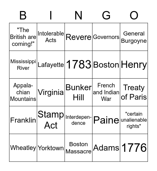 Revolutionary Bingo Card