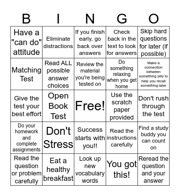 Test Taking Strategies Bingo Card