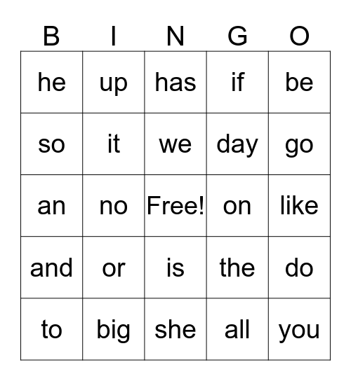 Sight Word Bingo Card