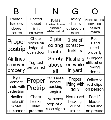 Safety Bingo Card