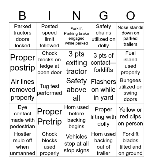 Safety Bingo Card