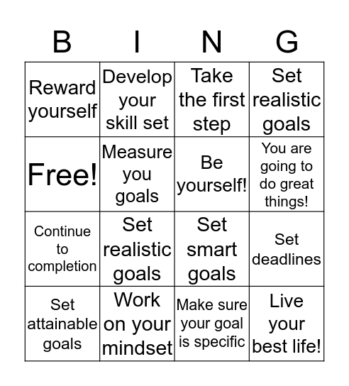 Goal Setting Bingo Card