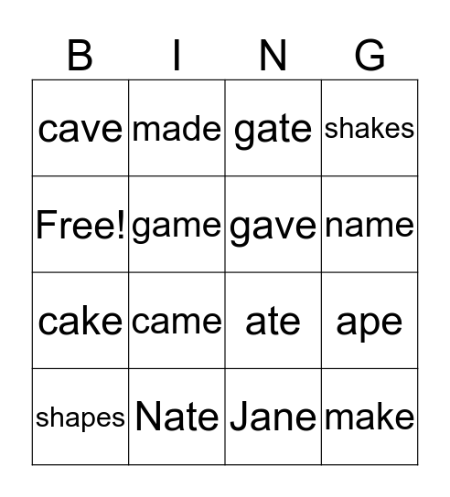 Long Vowel a silent e (cvce) Bingo Card