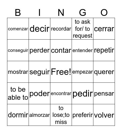 stem changing verbs  Bingo Card