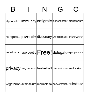 Multisyllabic Words Bingo Card
