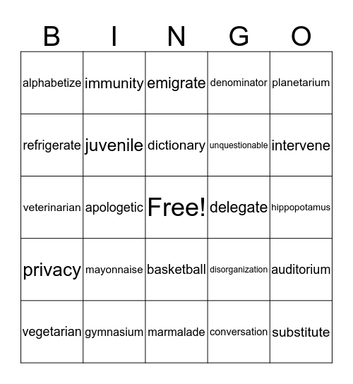 Multisyllabic Words Bingo Card