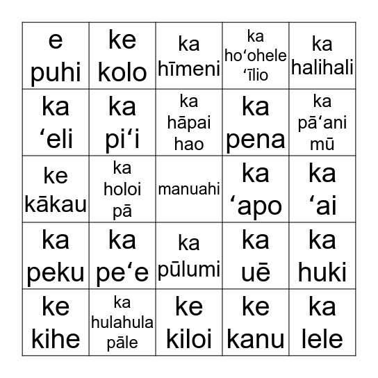 Nā Hana Bingo Card