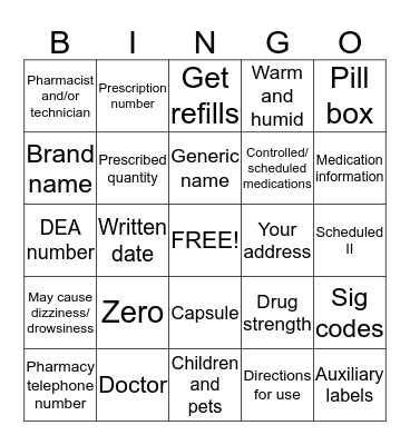 Prescription Bingo Card
