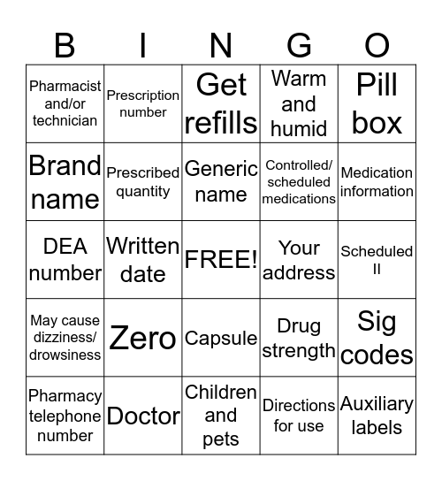 Prescription Bingo Card