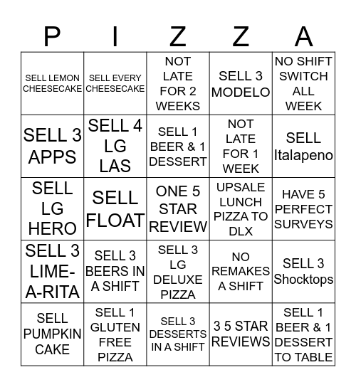 Pizza Parlor Server Bingo Card