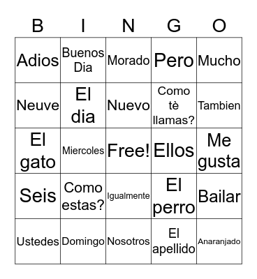 Spanish 1 Bingo Card