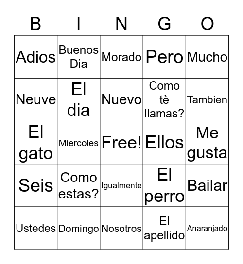 Spanish 1 Bingo Card