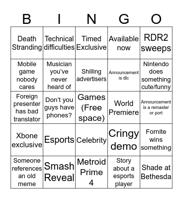 Game Awards Bingo Card