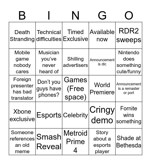 Game Awards Bingo Card