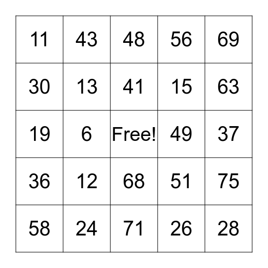 Number Bingo Card