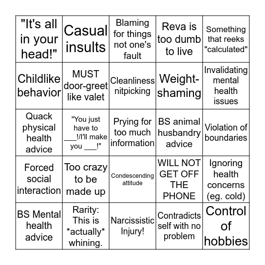 N-Parent Bingo Card