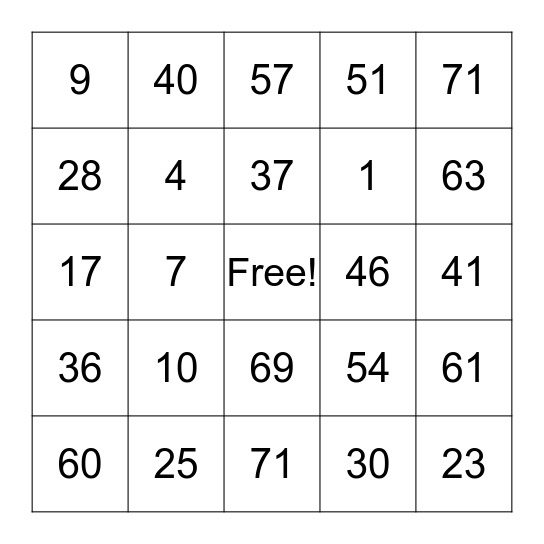 Number Bingo Card