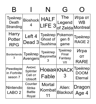 GAME AWARDS 2018 BINGO Card