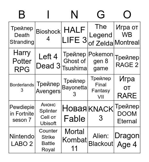 GAME AWARDS 2018 BINGO Card