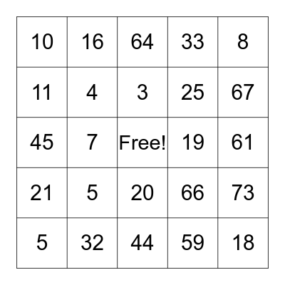 Number Bingo Card