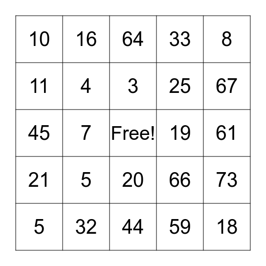 Number Bingo Card