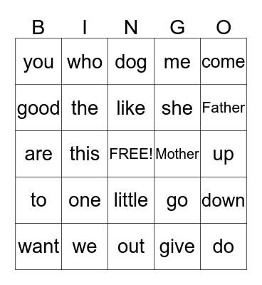 Kindergarten Bingo Card