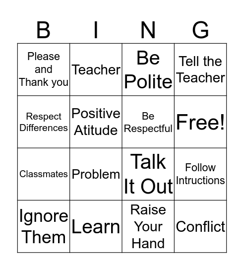 Follwing Instructions  Bingo Card