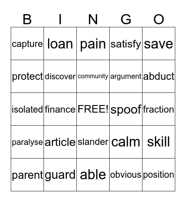 nouns and verbs Bingo Card