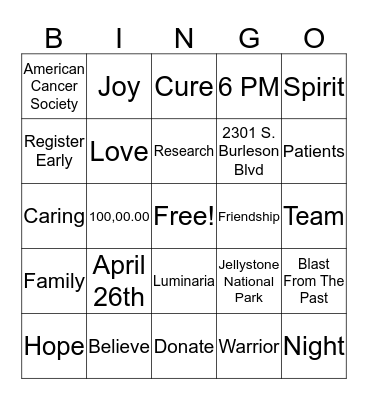 Relay For Life Bingo Card