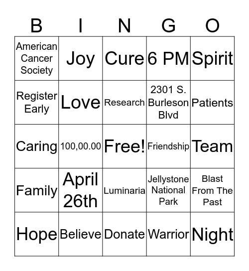 Relay For Life Bingo Card