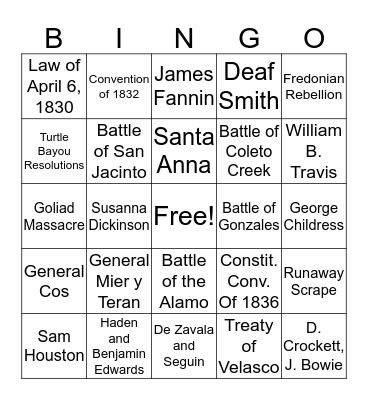 Texas Revolution Bingo Card