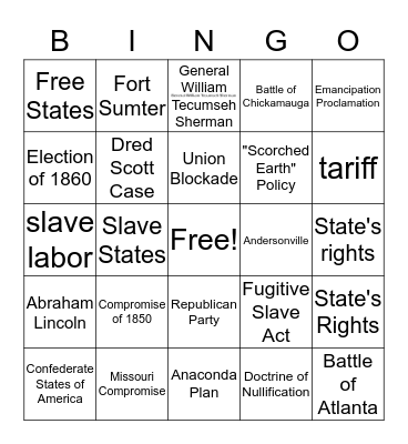 Civil War Bingo Card