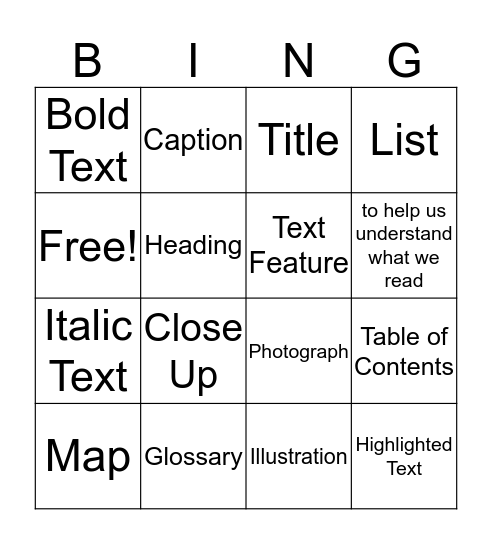 Non Fiction Text Features Bingo Card