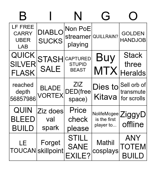 Path of Exile: Betrayal Bingo Card