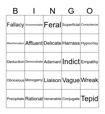 Vocabulary Bingo Card