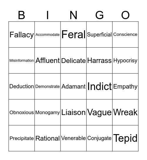 Vocabulary Bingo Card