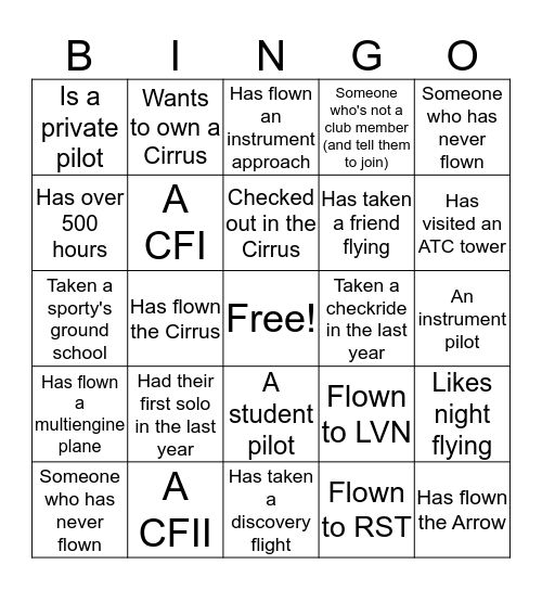 Inflight Pilot Training Bingo Card