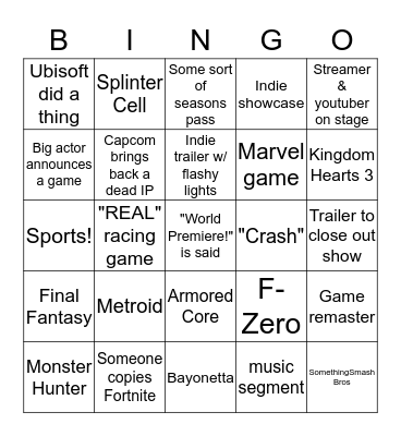 VGAs 2018 Bingo Card