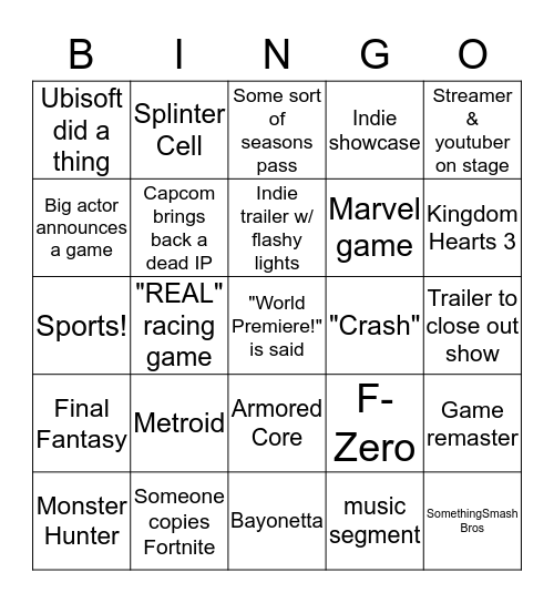 VGAs 2018 Bingo Card