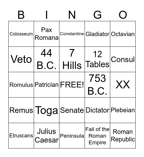 Ancient Rome  Bingo Card