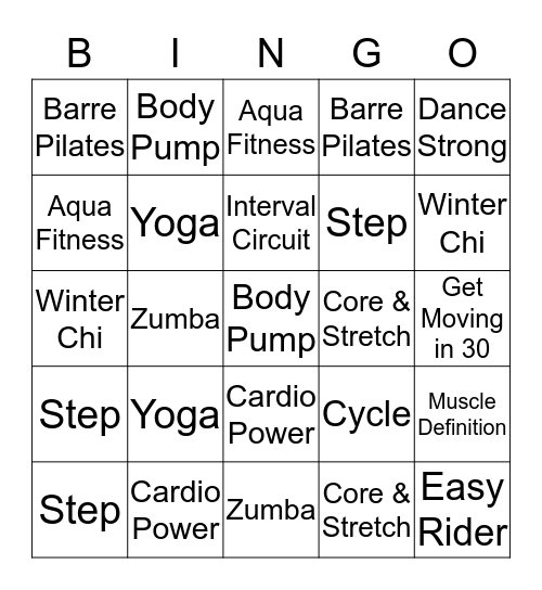 YMCA Group Exercise Bingo Card