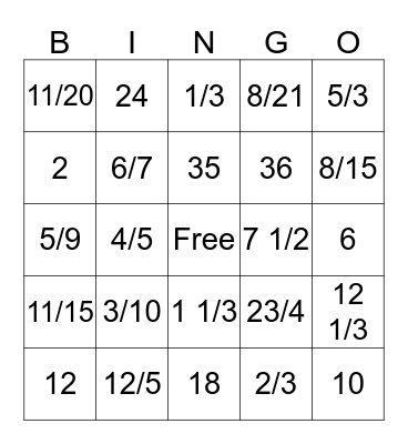 Fraction Review 2 Bingo Card